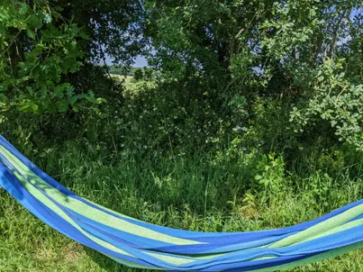 Photo d’un hamac vert et bleu, posé sur pied sous un chêne